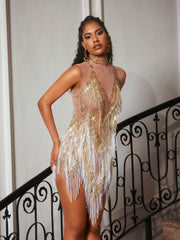 Buggan Rhinestone Fringe Mesh Mini Bodysuit In Gold
