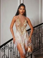 Buggan Rhinestone Fringe Mesh Mini Bodysuit In Gold
