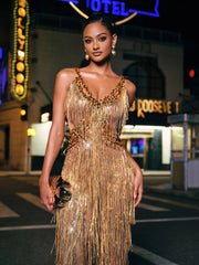 Charnita V Neck Rhinestone Fringe Jumpsuit