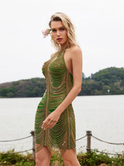 Cinzia Halterneck Diamond Chain Mesh Mini Dress In Green