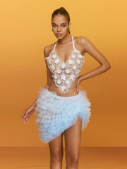 Claudas Halterneck Pearl Tulle Skirt Set