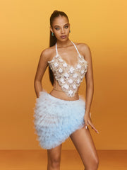 Claudas Halterneck Pearl Tulle Skirt Set