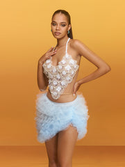 Claudas Halterneck Pearl Tulle Skirt Set