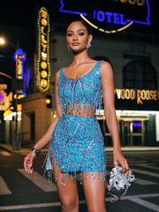 Colette Crystal Chain Fringe Split Skirt Set In Blue