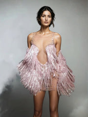Cyvra Fringe Mesh Mini Dress With Coat In Pink