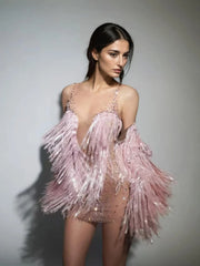 Cyvra Fringe Mesh Mini Dress With Coat In Pink
