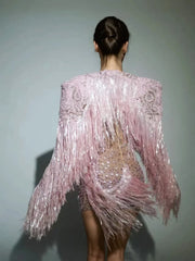 Cyvra Fringe Mesh Mini Dress With Coat In Pink