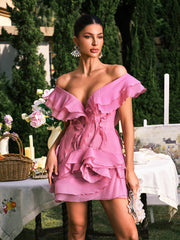 Dabney V Neck Ruffle Mini Dress In Pink