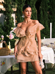 Dabney V Neck Ruffle Mini Dress In Champagne