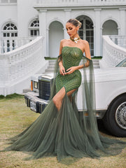 Daelis Off Shoulder Rhinestone Mesh Maxi Dress