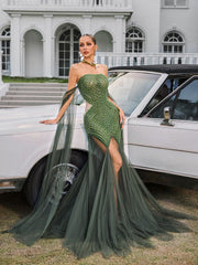 Daelis Off Shoulder Rhinestone Mesh Maxi Dress