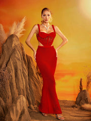 Dazmir Spaghetti Cutout Knitted Skirt Set In Red