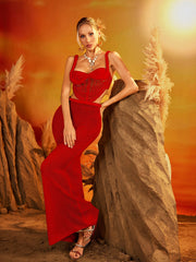 Dazmir Spaghetti Cutout Knitted Skirt Set In Red