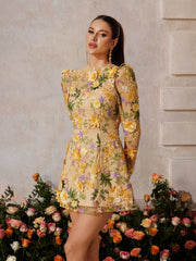 Duskel Flower Embroidered Mini Dress In Yellow