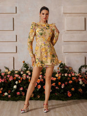 Duskel Flower Embroidered Mini Dress In Yellow