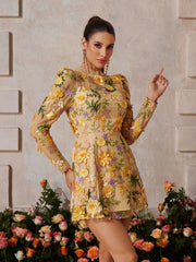 Duskel Flower Embroidered Mini Dress In Yellow
