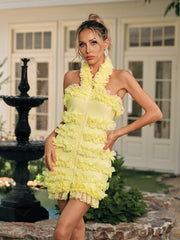 Dyrion Halterneck Ruched Lace Bandage Mini Dress