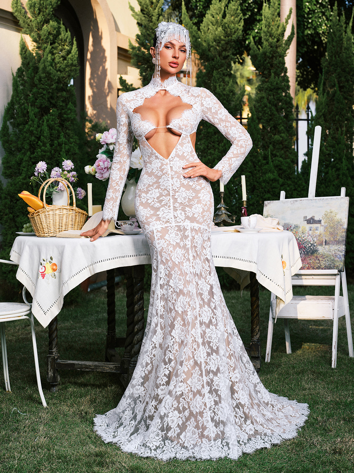 Edalene Long Sleeve Flower Cutout Lace Maxi Dress