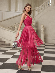 Eldrix V Neck Fringe Bandage Maxi Dress In Hot Pink