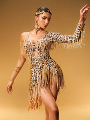 Elyon Cutout Leopard Fringe Mini Dress