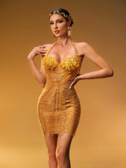 Misael Halterneck Crystal Mesh Mini Dress In Gold
