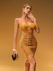 Misael Halterneck Crystal Mesh Mini Dress In Gold