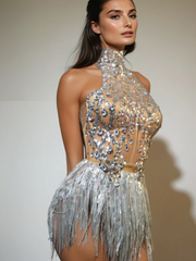 Ermenburg Halterneck Rhinestone Fringe Skirt Set In Silver