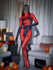 Esau Hands Printed Rhinestone Gloves Jumpsuit In Red