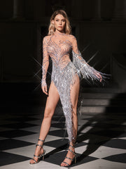 Ezron High Neck Rhinestone Fringe Bodysuit In Silver