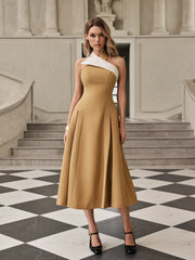 Fazrik Halterneck Midi Dress In Toast Tan