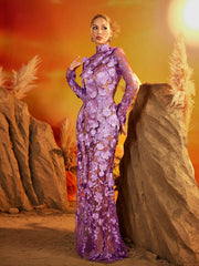 Fexis Long Sleeve Flower Mesh Skirt Set