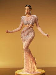 Gaelara Long Sleeve Embellished Split Skirt Set In Nude