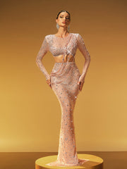 Gaelara Long Sleeve Embellished Split Skirt Set In Nude