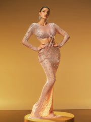 Gaelara Long Sleeve Embellished Split Skirt Set In Nude