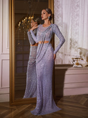 Gaelara Long Sleeve Embellished Split Skirt Set In Purple