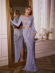 Gaelara Long Sleeve Embellished Split Skirt Set In Purple
