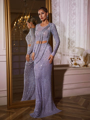 Gaelara Long Sleeve Embellished Split Skirt Set In Purple