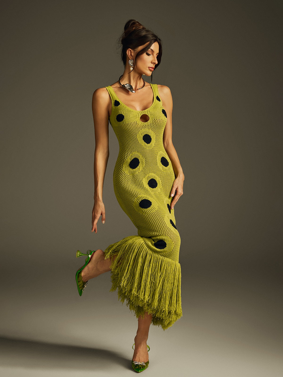 Gaelion Dot Fringe Knitted Midi Dress