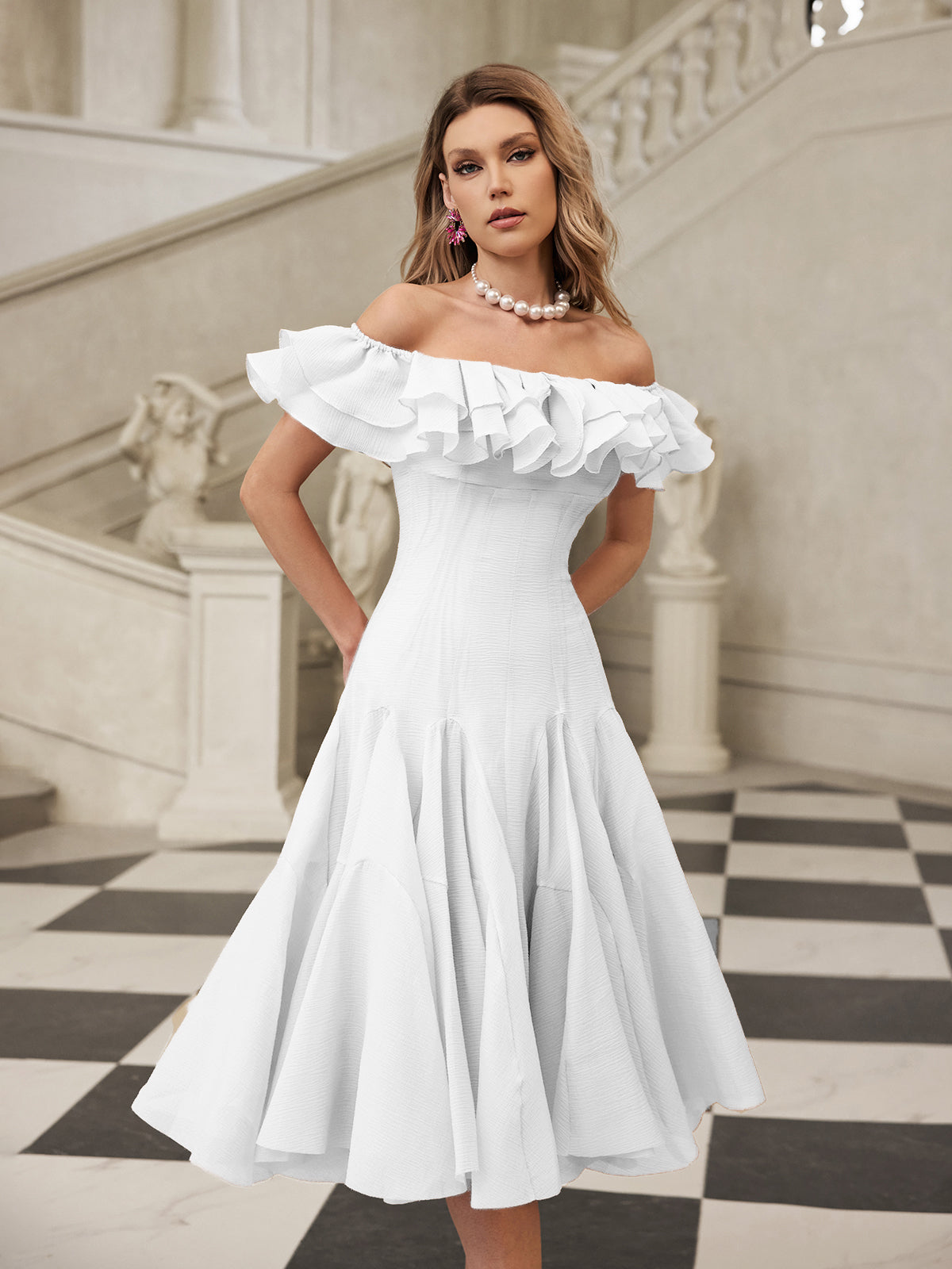 Gaelthar Off Shoulder Ruffle Midi Dress In White
