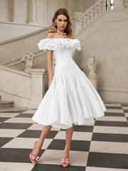 Gaelthar Off Shoulder Ruffle Midi Dress In White