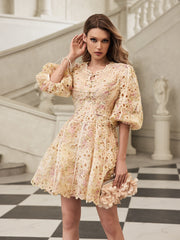 Gazrik Puff Sleeve Embroidered Mini Dress