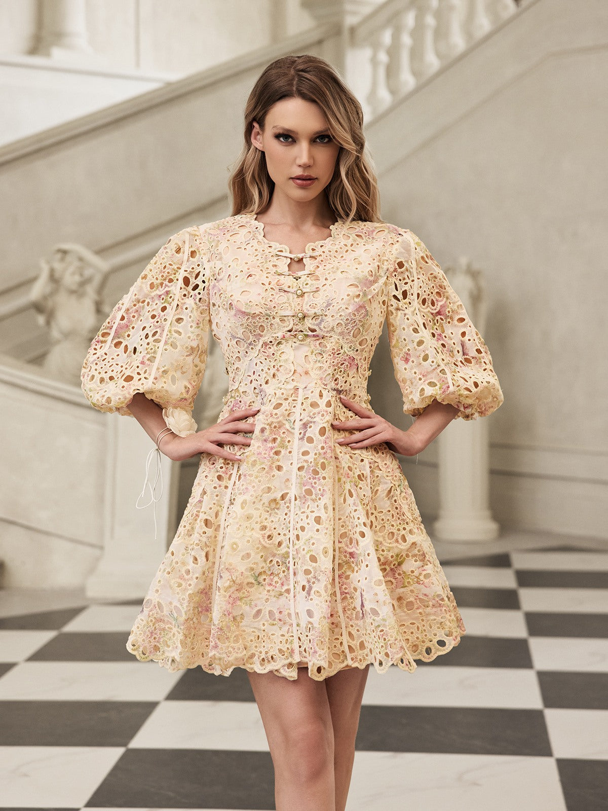Gazrik Puff Sleeve Embroidered Mini Dress