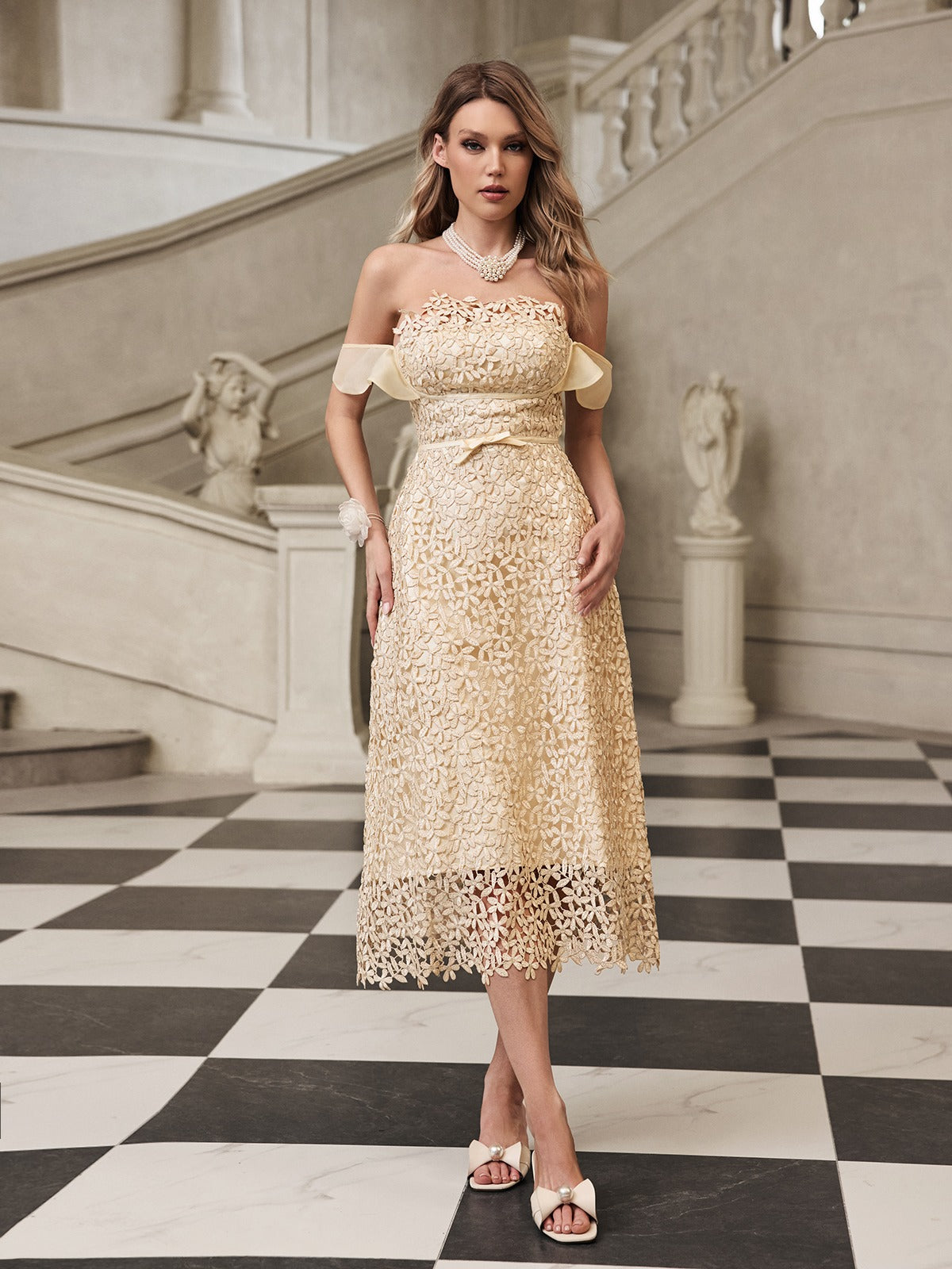 Geyren Off Shoulder Embroidered Midi Dress