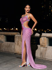 Grey Crystal Cutout Maxi Dress In Hot Pink