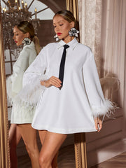 Hajar Folded Collar Feather Mini Dress In White