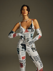 Haldrix Spaghetti Printed Jumpsuit With Gloves