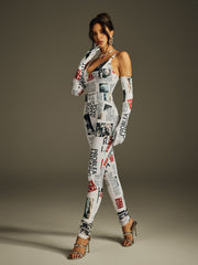 Haldrix Spaghetti Printed Jumpsuit With Gloves