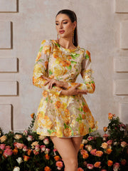 Holren Long Sleeve Flower Embroidered Mini Dress