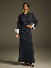 Hryixel Folded Collar Stripe Skirt Set