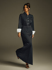 Hryixel Folded Collar Stripe Skirt Set